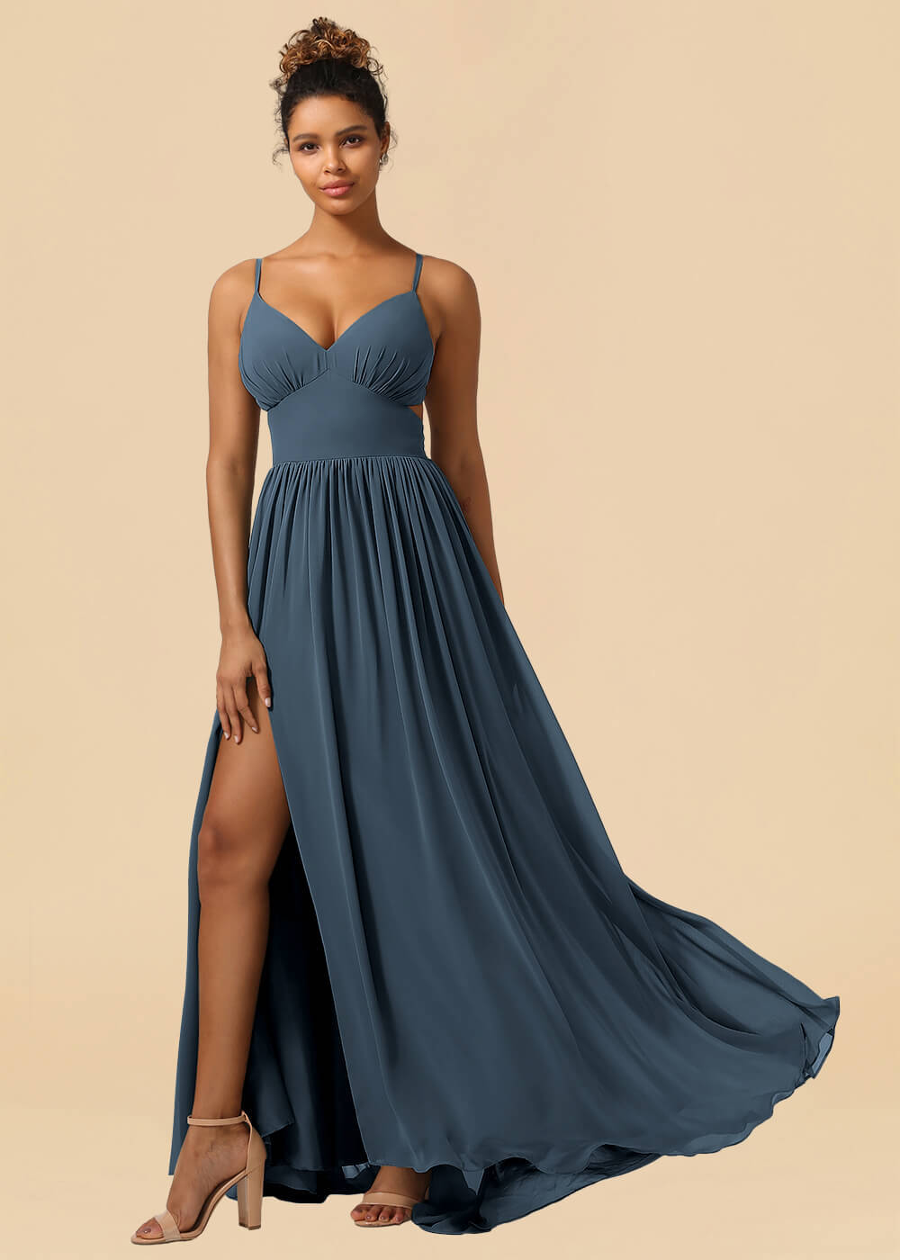Chiffon Spaghetti Strap V-neck A-line Maxi Bridesmaid Dress with Slit