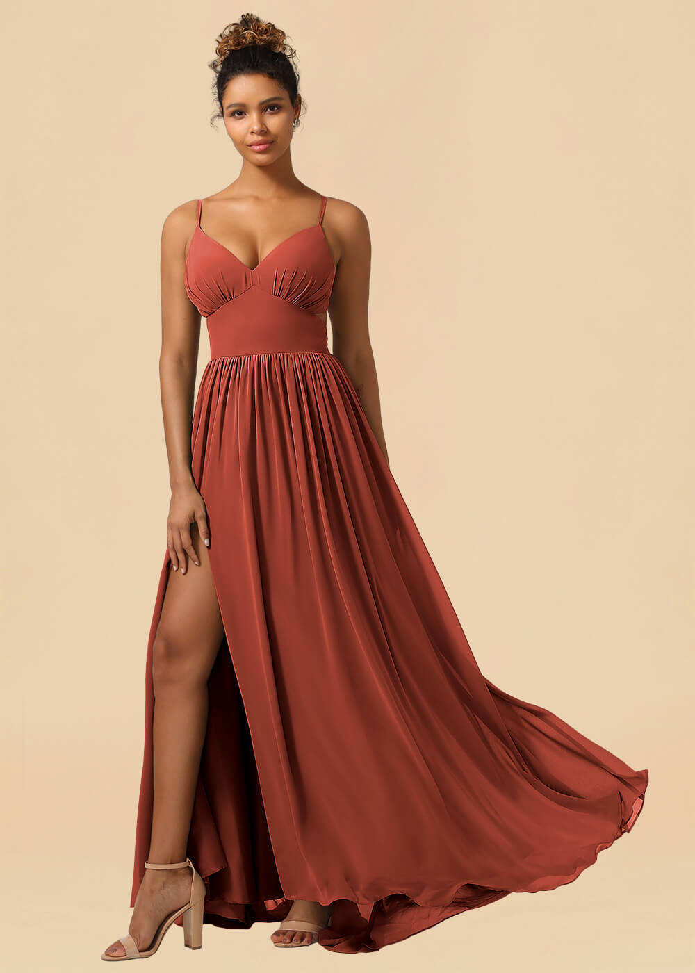 Chiffon Spaghetti Strap V-neck A-line Maxi Bridesmaid Dress with Slit