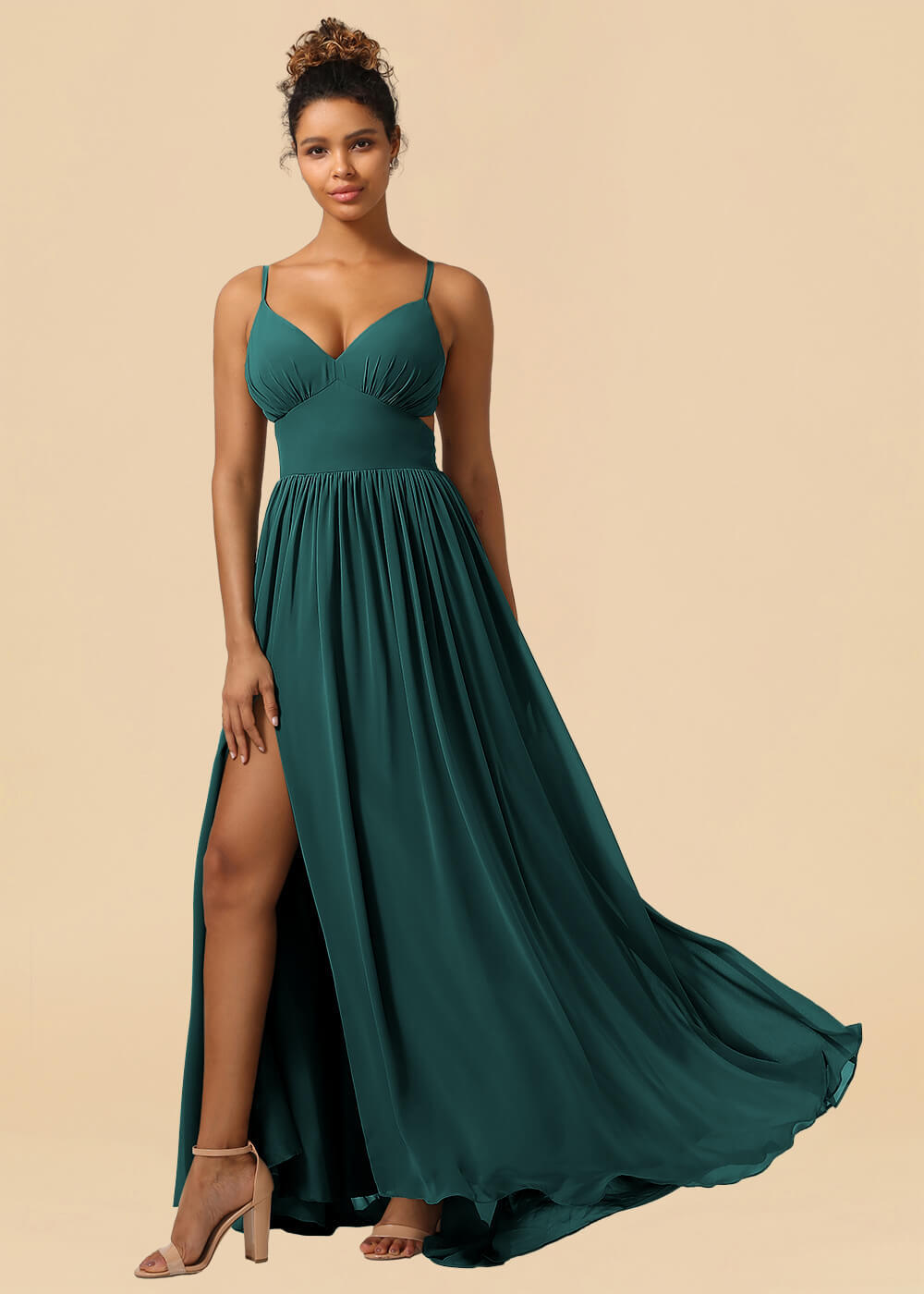 Chiffon Spaghetti Strap V-neck A-line Maxi Bridesmaid Dress with Slit
