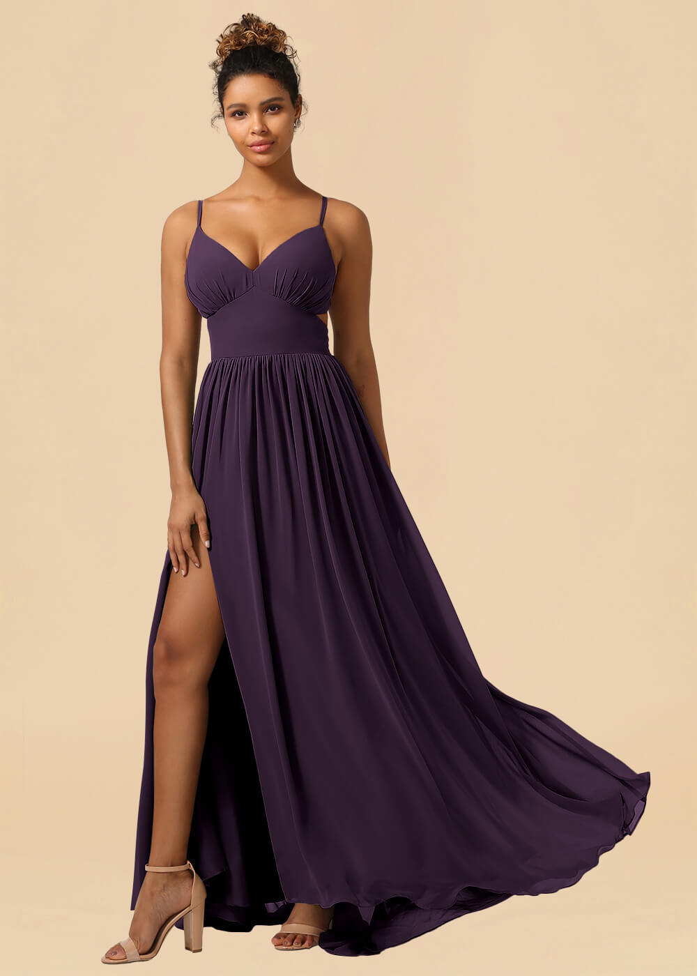 Chiffon Spaghetti Strap V-neck A-line Maxi Bridesmaid Dress with Slit