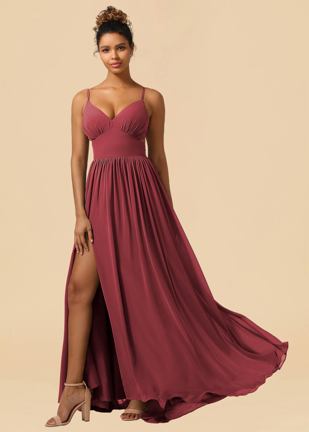 Chiffon Spaghetti Strap V-neck A-line Maxi Bridesmaid Dress with Slit