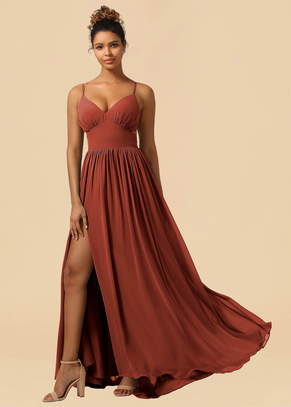 Chiffon Spaghetti Strap V-neck A-line Maxi Bridesmaid Dress with Slit