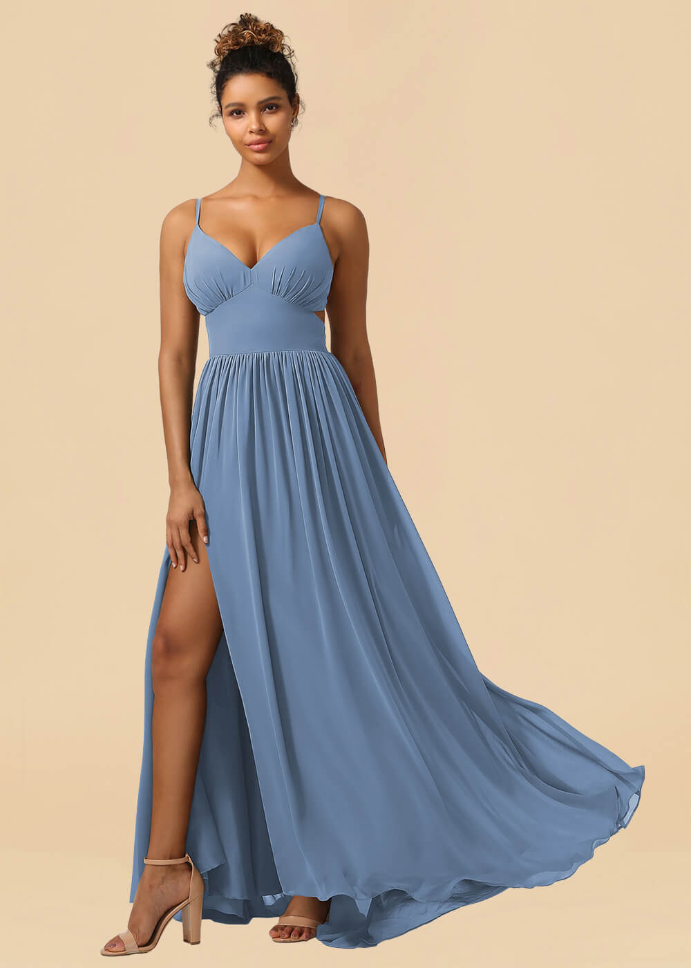 Chiffon Spaghetti Strap V-neck A-line Maxi Bridesmaid Dress with Slit