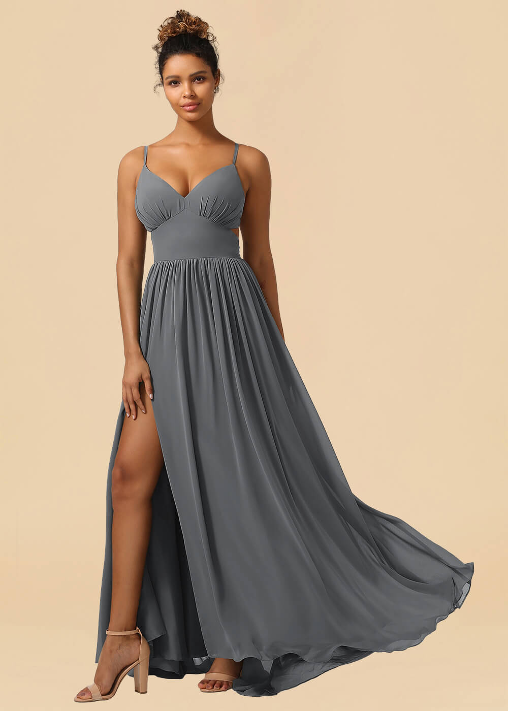 Chiffon Spaghetti Strap V-neck A-line Maxi Bridesmaid Dress with Slit