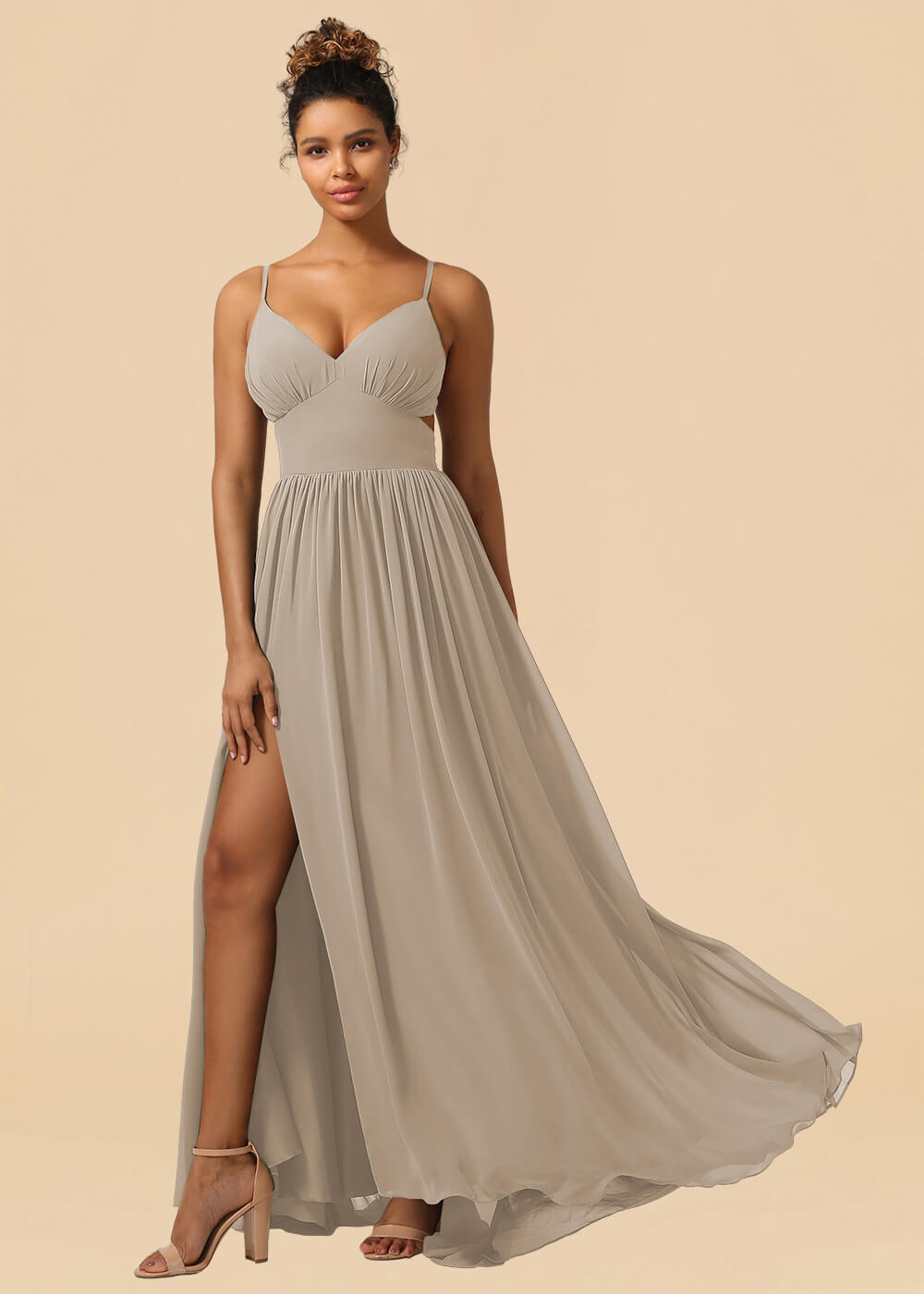 Chiffon Spaghetti Strap V-neck A-line Maxi Bridesmaid Dress with Slit