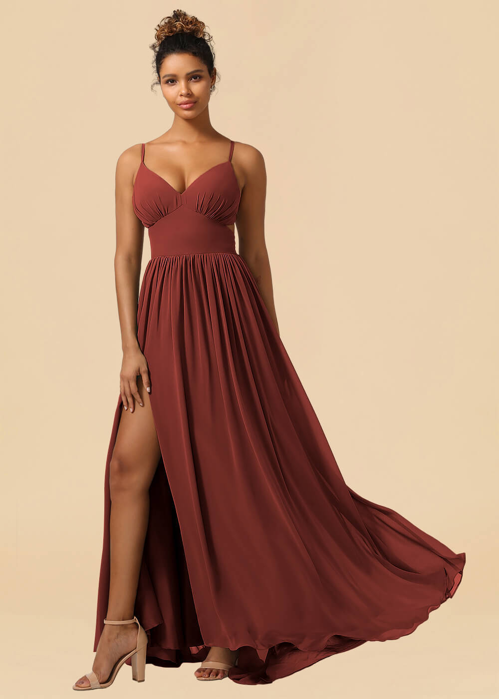 Chiffon Spaghetti Strap V-neck A-line Maxi Bridesmaid Dress with Slit