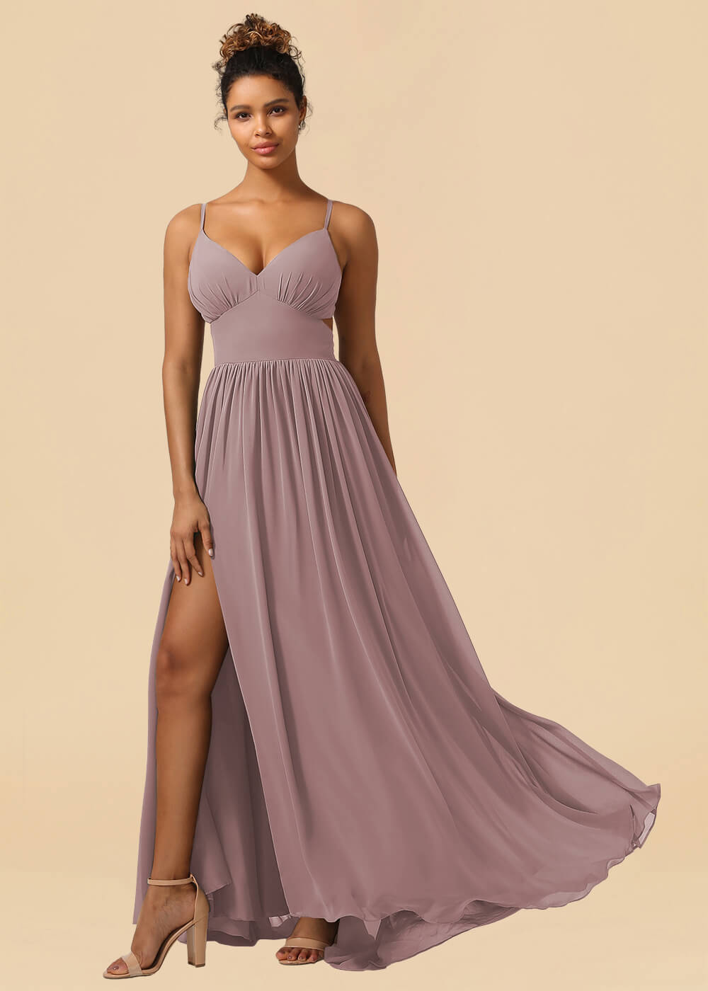 Chiffon Spaghetti Strap V-neck A-line Maxi Bridesmaid Dress with Slit