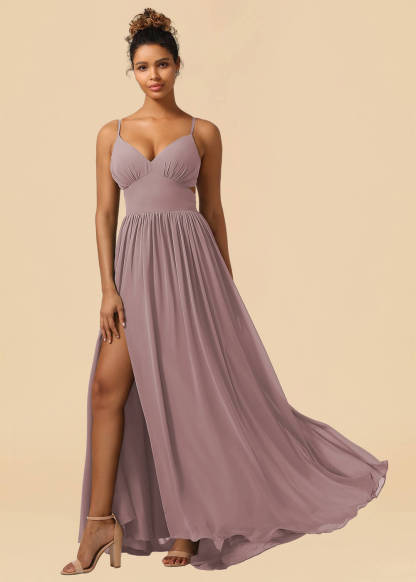 Chiffon Spaghetti Strap V-neck A-line Maxi Bridesmaid Dress with Slit
