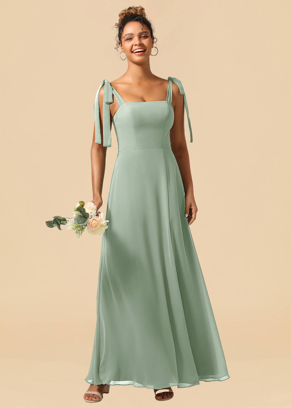 Adjustable Strap Square Neck A-line Maxi Bridesmaid Dress with Slit