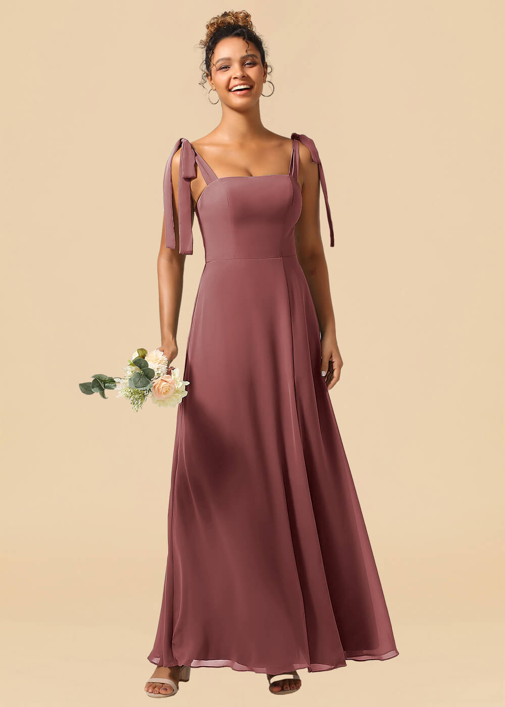 Adjustable Strap Square Neck A-line Maxi Bridesmaid Dress with Slit