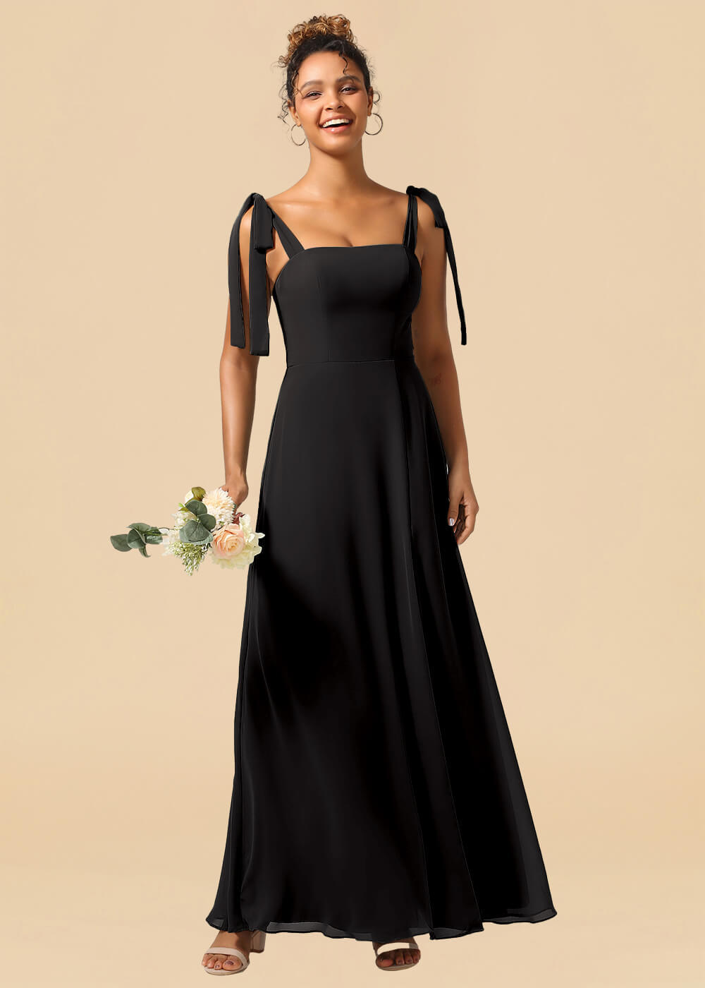 Adjustable Strap Square Neck A-line Maxi Bridesmaid Dress with Slit