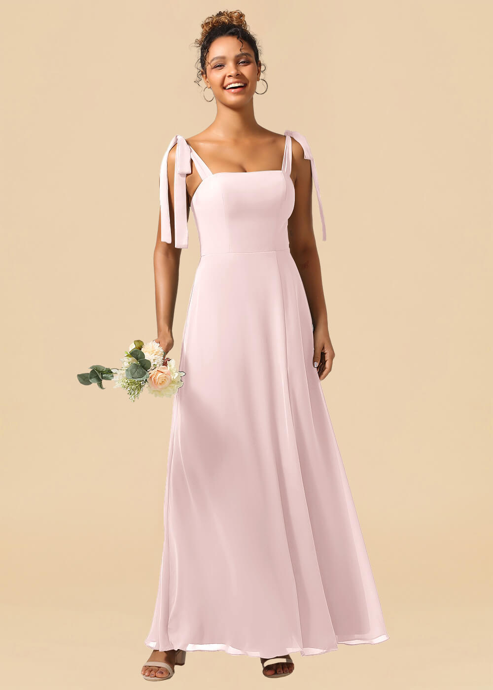 Adjustable Strap Square Neck A-line Maxi Bridesmaid Dress with Slit