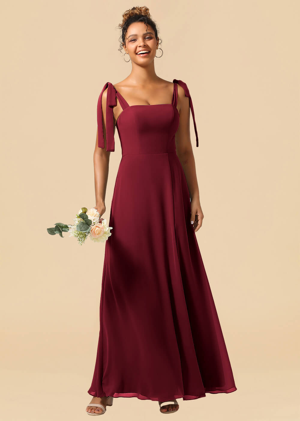 Adjustable Strap Square Neck A-line Maxi Bridesmaid Dress with Slit