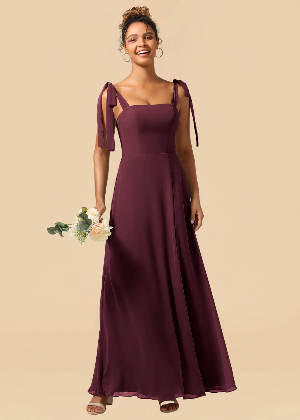 Adjustable Strap Square Neck A-line Maxi Bridesmaid Dress with Slit