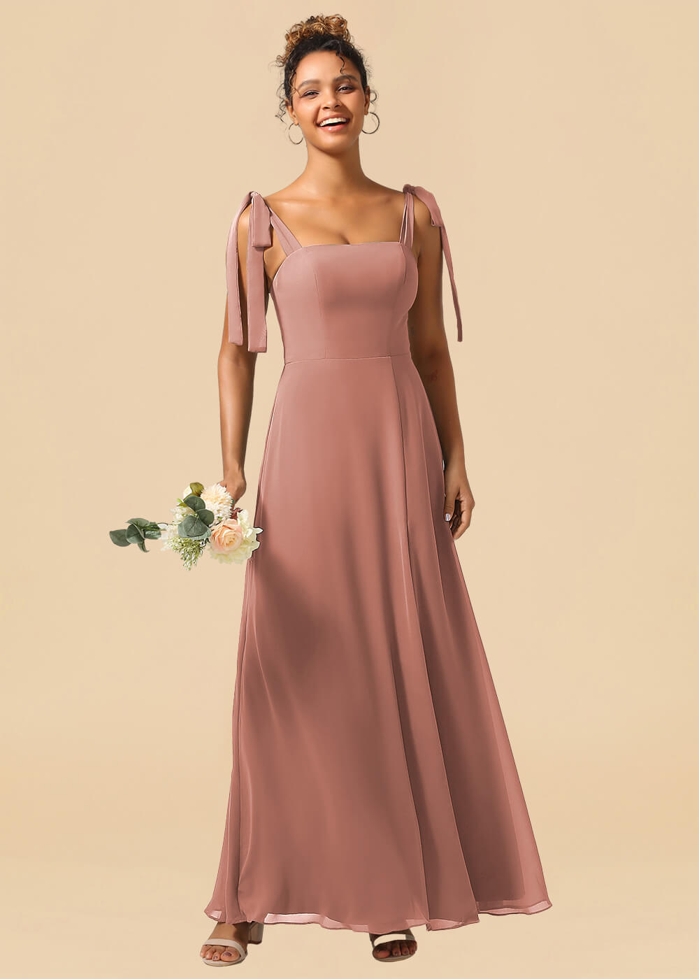Adjustable Strap Square Neck A-line Maxi Bridesmaid Dress with Slit