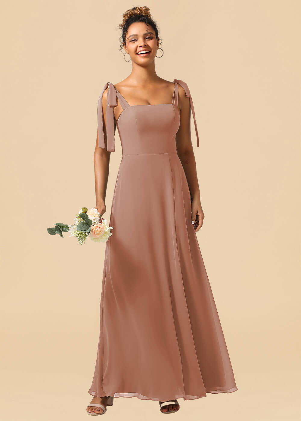 Adjustable Strap Square Neck A-line Maxi Bridesmaid Dress with Slit