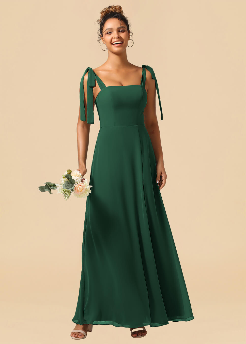 Adjustable Strap Square Neck A-line Maxi Bridesmaid Dress with Slit