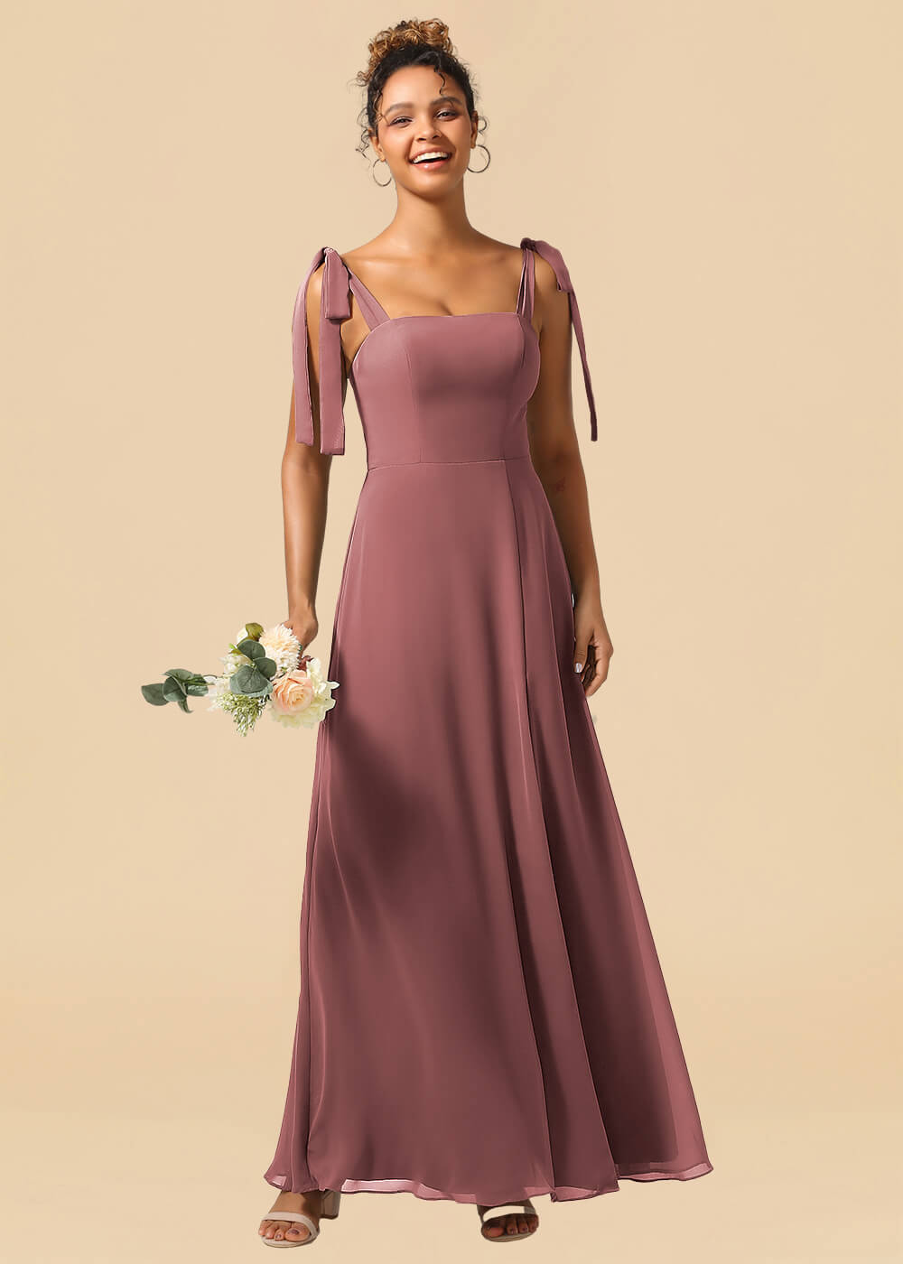 Adjustable Strap Square Neck A-line Maxi Bridesmaid Dress with Slit