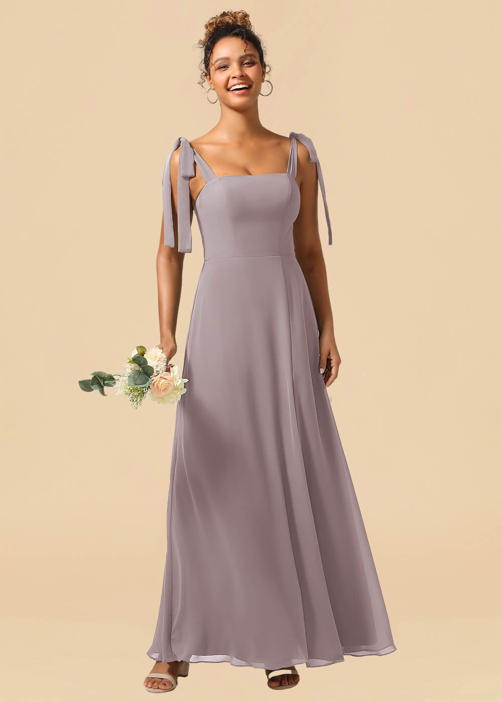 Adjustable Strap Square Neck A-line Maxi Bridesmaid Dress with Slit