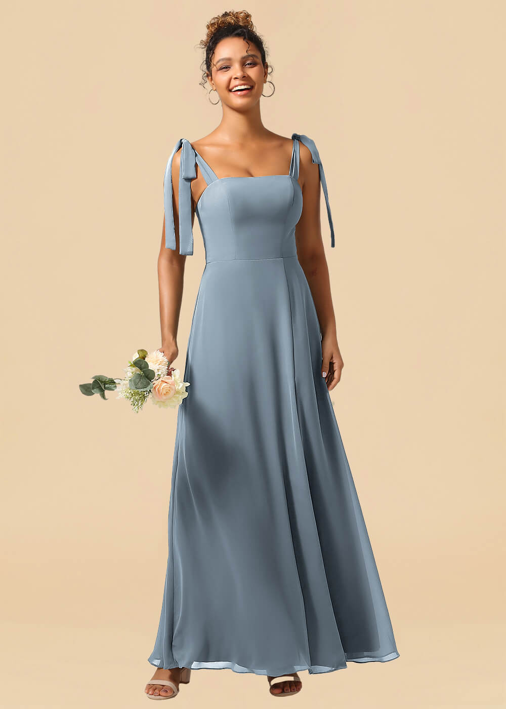 Adjustable Strap Square Neck A-line Maxi Bridesmaid Dress with Slit
