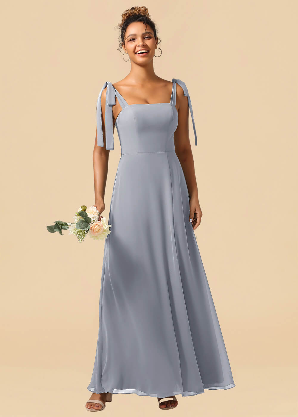 Adjustable Strap Square Neck A-line Maxi Bridesmaid Dress with Slit