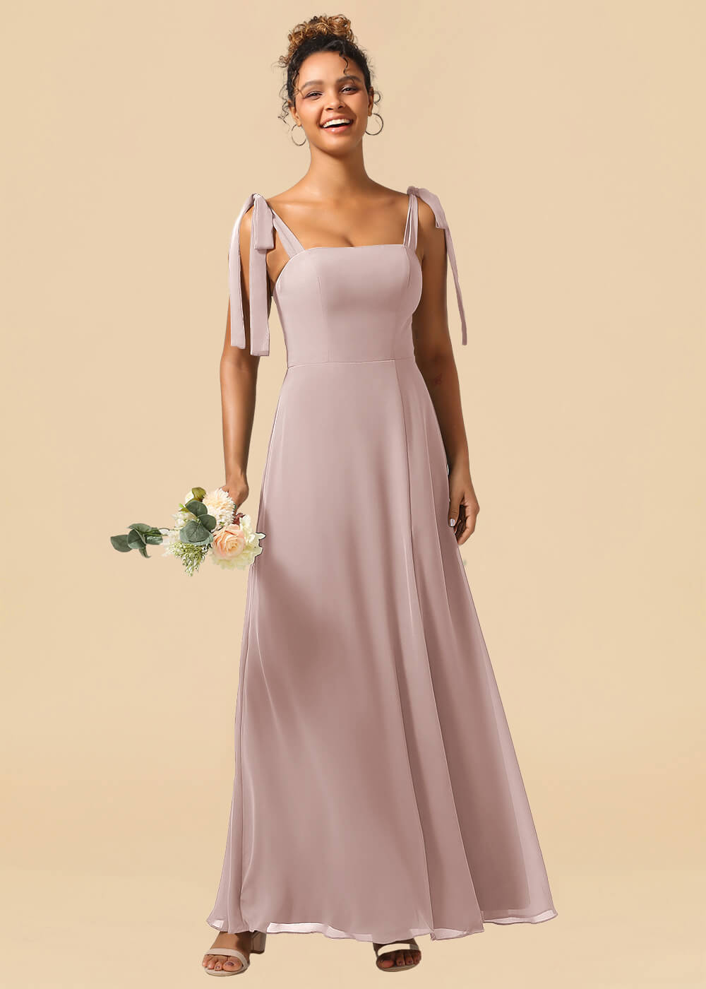 Adjustable Strap Square Neck A-line Maxi Bridesmaid Dress with Slit