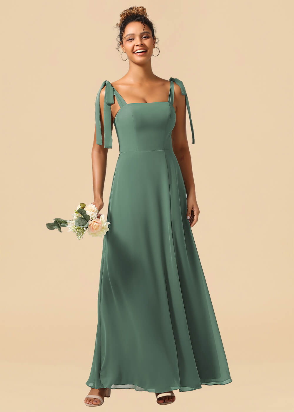 Adjustable Strap Square Neck A-line Maxi Bridesmaid Dress with Slit