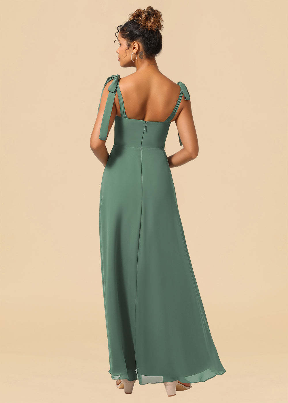 Adjustable Strap Square Neck A-line Maxi Bridesmaid Dress with Slit