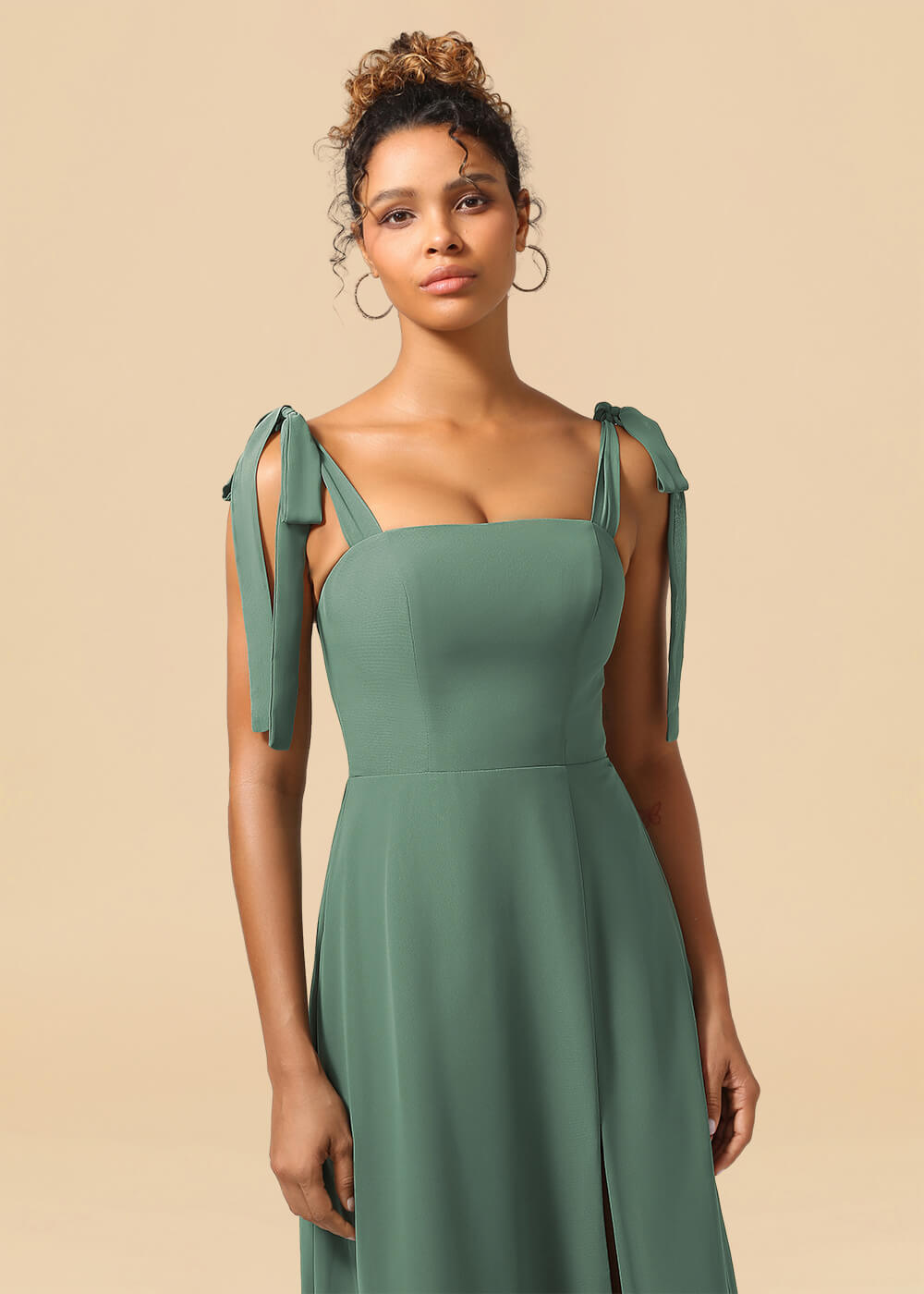 Adjustable Strap Square Neck A-line Maxi Bridesmaid Dress with Slit