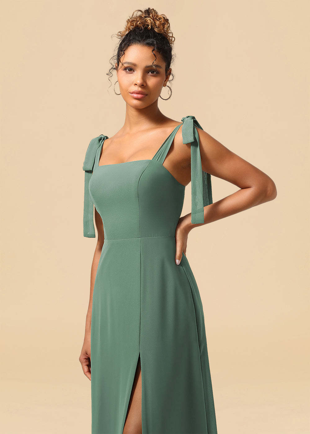 Adjustable Strap Square Neck A-line Maxi Bridesmaid Dress with Slit