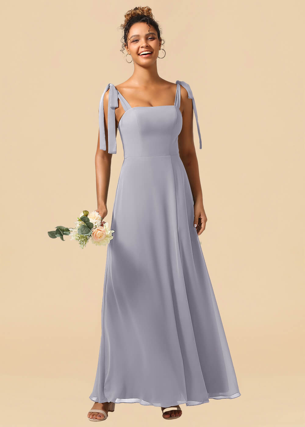 Adjustable Strap Square Neck A-line Maxi Bridesmaid Dress with Slit