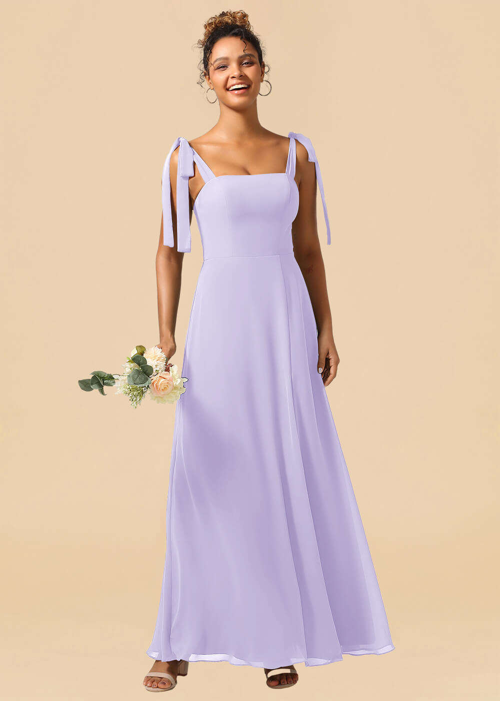 Adjustable Strap Square Neck A-line Maxi Bridesmaid Dress with Slit