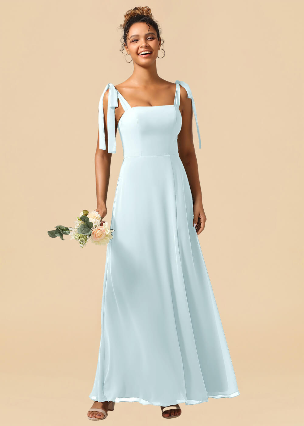 Adjustable Strap Square Neck A-line Maxi Bridesmaid Dress with Slit