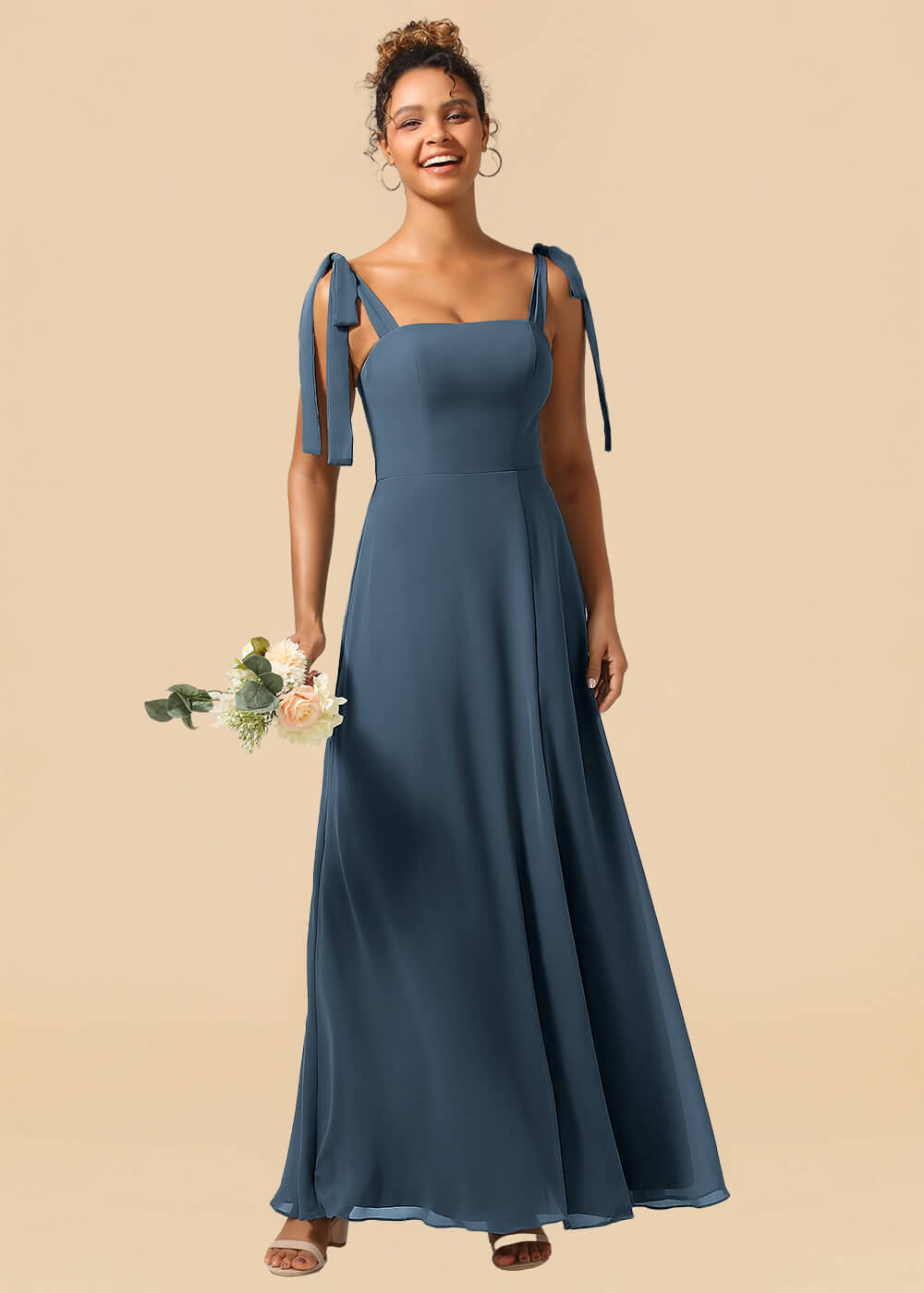 Adjustable Strap Square Neck A-line Maxi Bridesmaid Dress with Slit