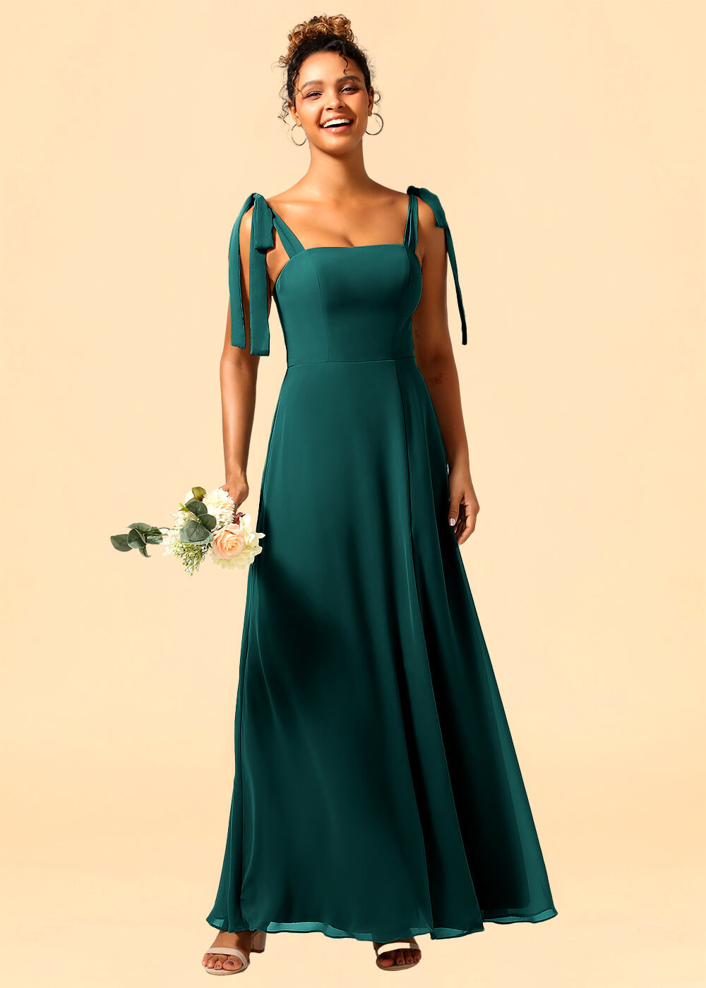 Adjustable Strap Square Neck A-line Maxi Bridesmaid Dress with Slit