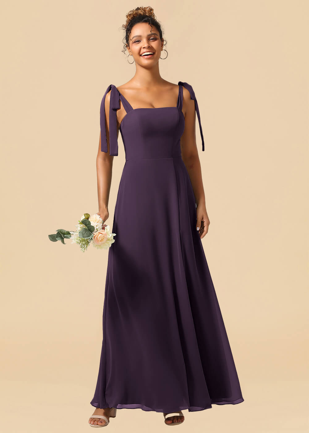 Adjustable Strap Square Neck A-line Maxi Bridesmaid Dress with Slit