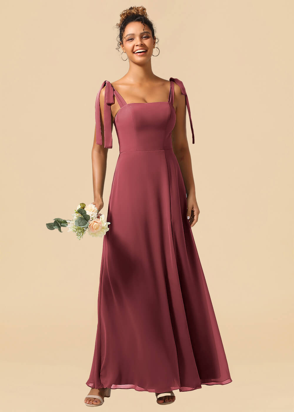 Adjustable Strap Square Neck A-line Maxi Bridesmaid Dress with Slit