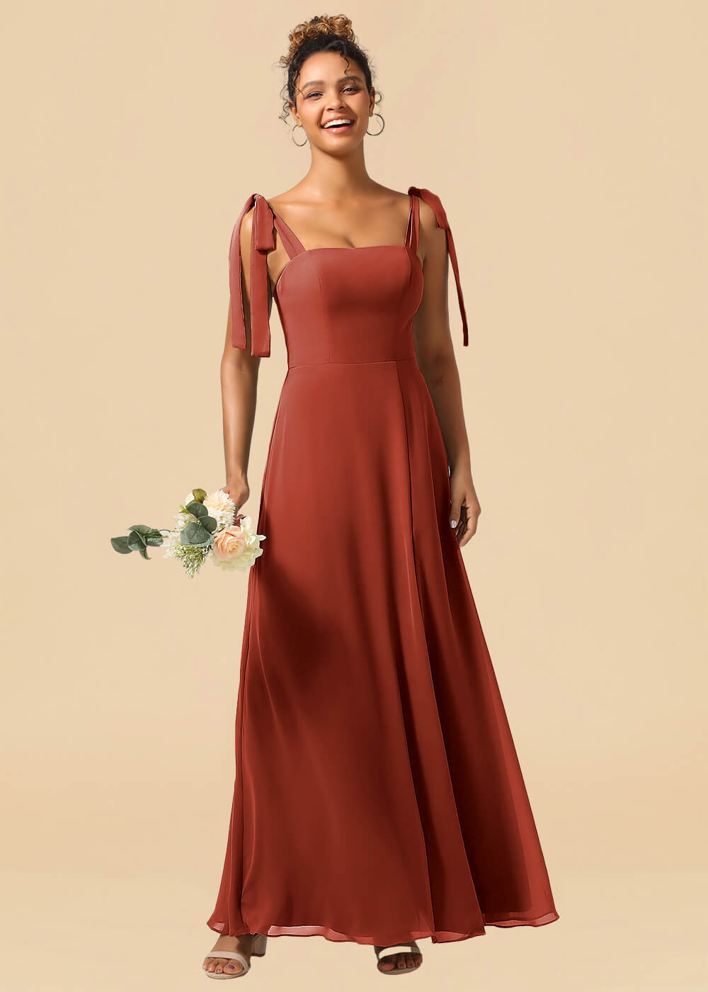 Adjustable Strap Square Neck A-line Maxi Bridesmaid Dress with Slit