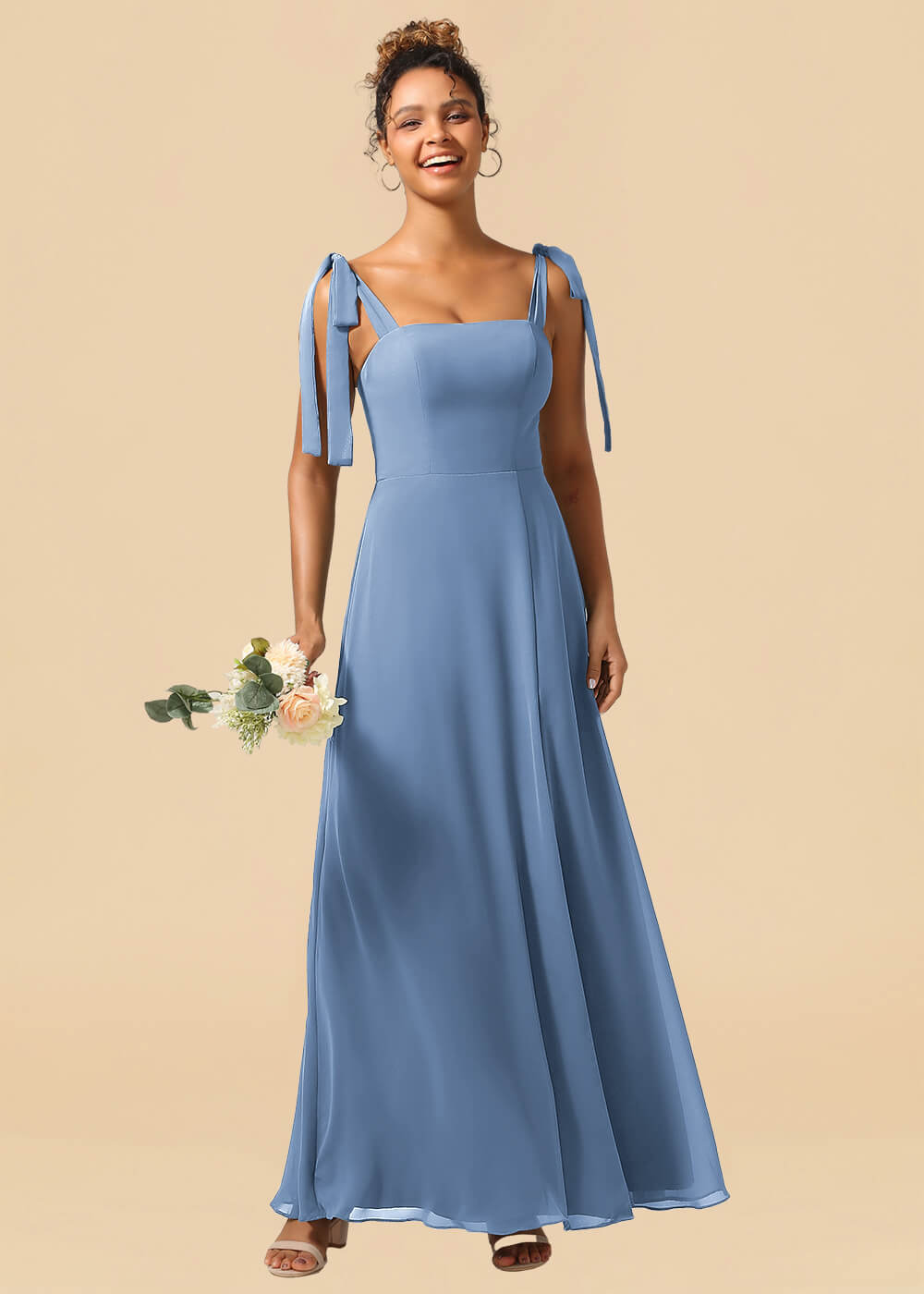 Adjustable Strap Square Neck A-line Maxi Bridesmaid Dress with Slit