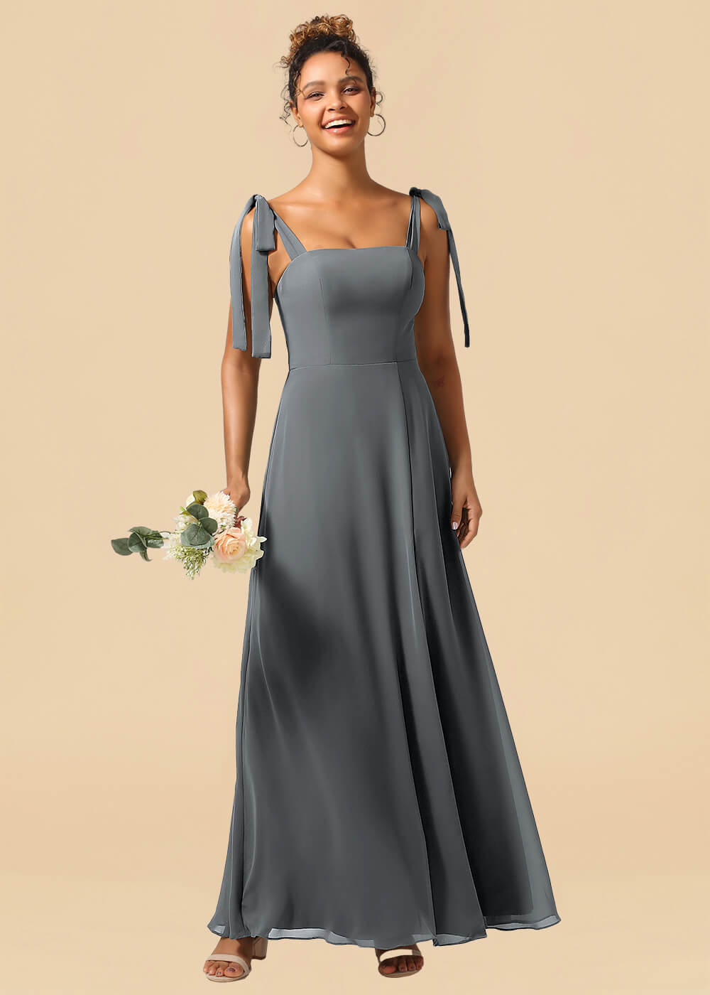 Adjustable Strap Square Neck A-line Maxi Bridesmaid Dress with Slit