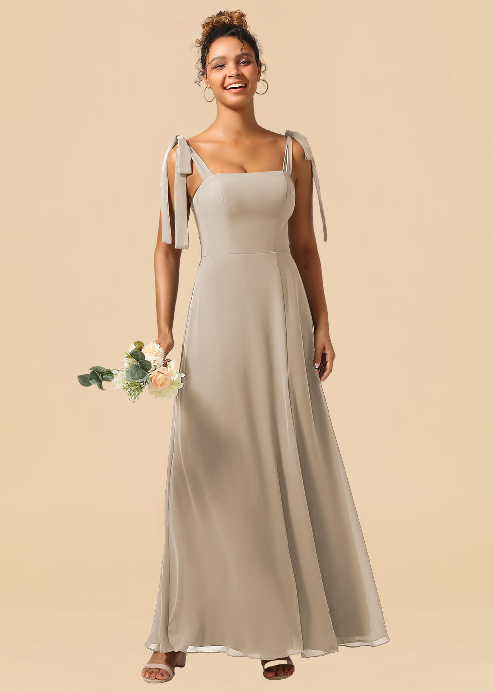 Adjustable Strap Square Neck A-line Maxi Bridesmaid Dress with Slit