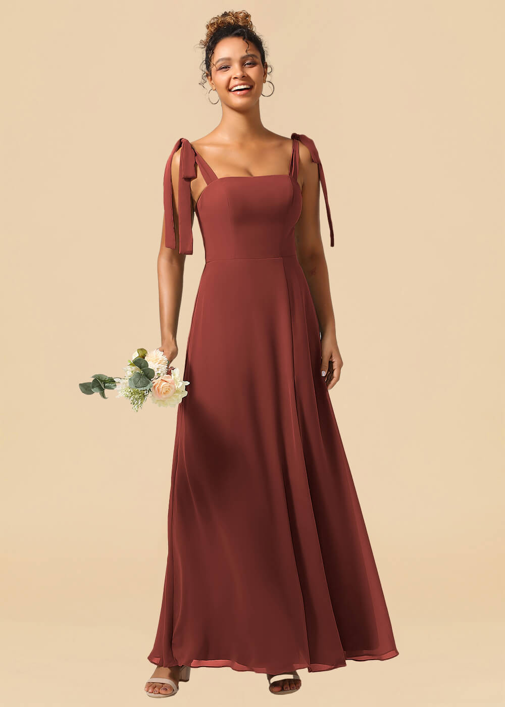 Adjustable Strap Square Neck A-line Maxi Bridesmaid Dress with Slit