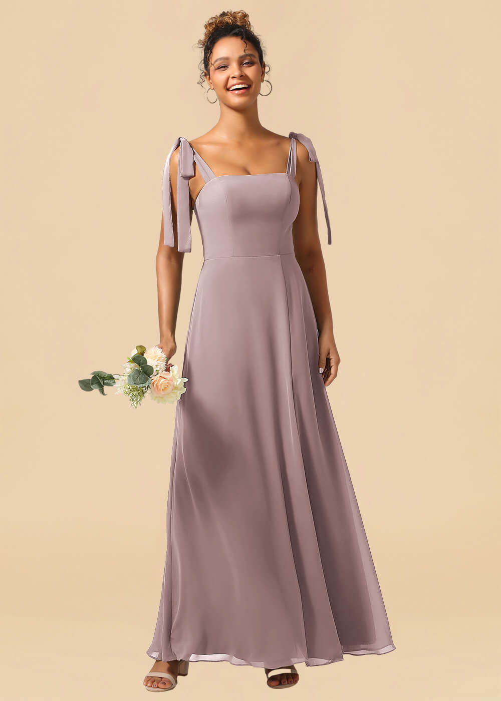 Adjustable Strap Square Neck A-line Maxi Bridesmaid Dress with Slit