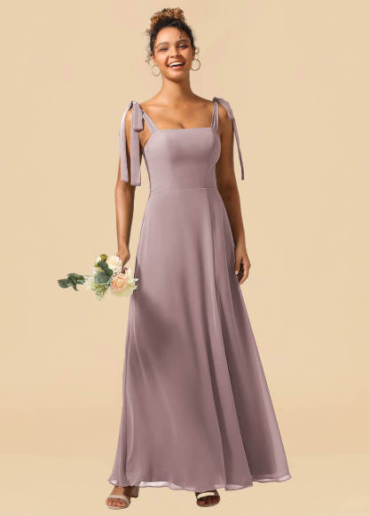 Adjustable Strap Square Neck A-line Maxi Bridesmaid Dress with Slit