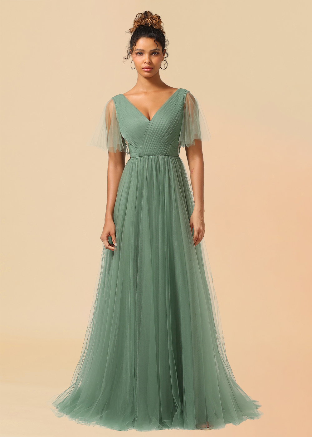 Tulle Deep V Neck V Back A-line Pleated Floor Length Bridesmaid Dress