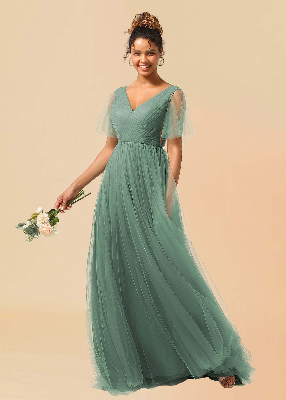 Tulle Deep V Neck V Back A-line Pleated Floor Length Bridesmaid Dress