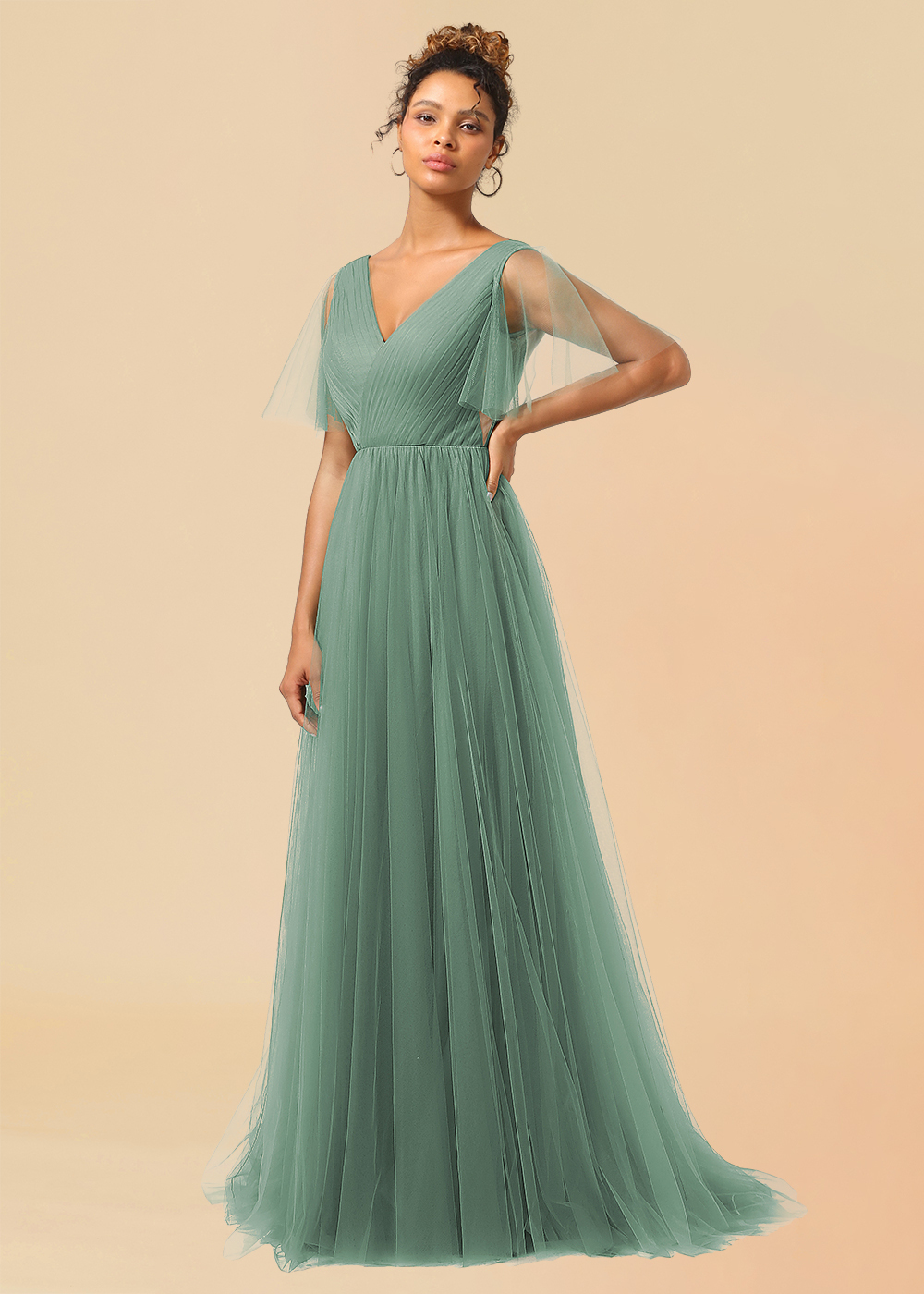 Tulle Deep V Neck V Back A-line Pleated Floor Length Bridesmaid Dress