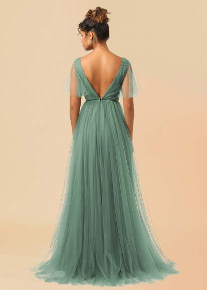 Tulle Deep V Neck V Back A-line Pleated Floor Length Bridesmaid Dress