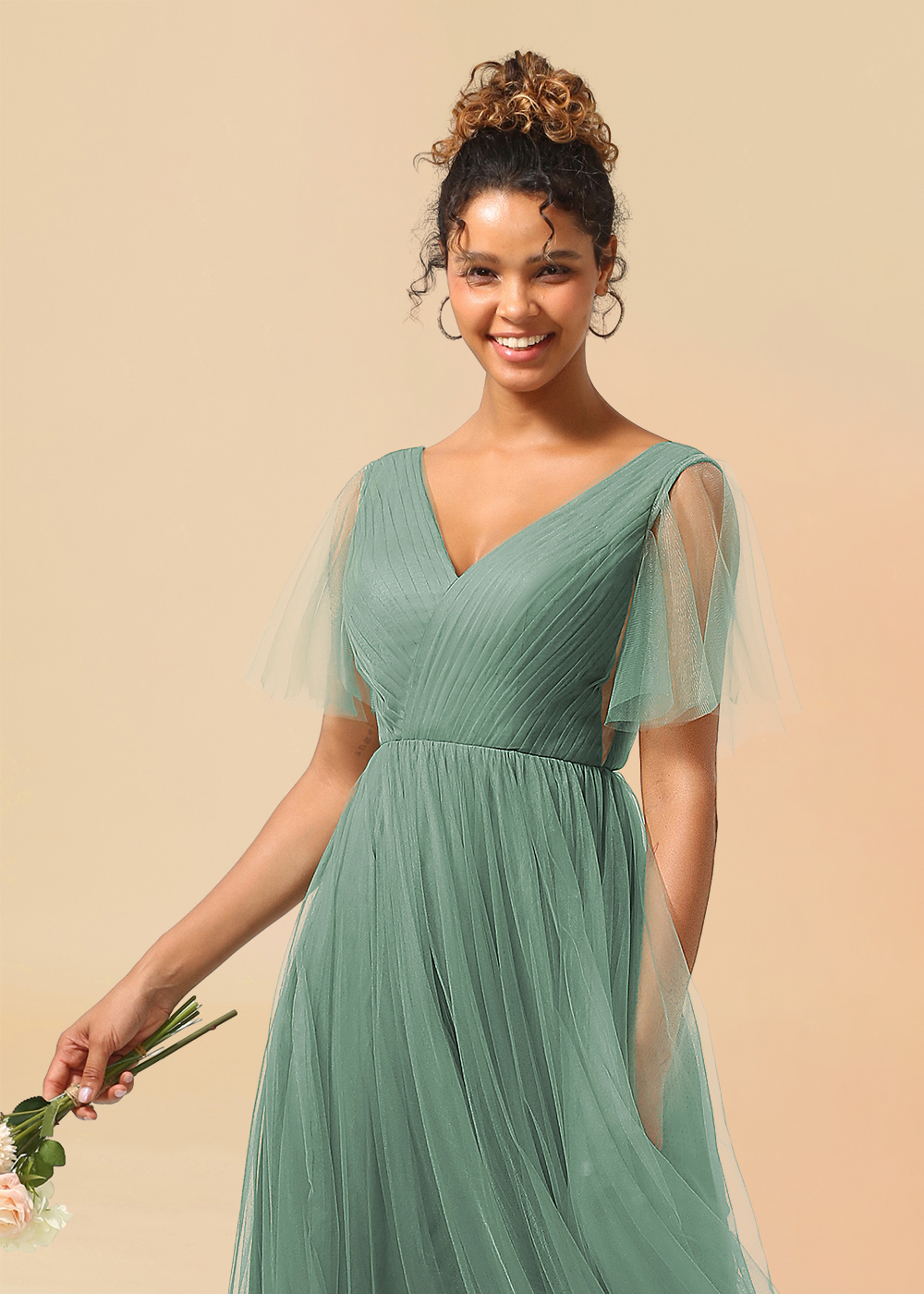 Tulle Deep V Neck V Back A-line Pleated Floor Length Bridesmaid Dress