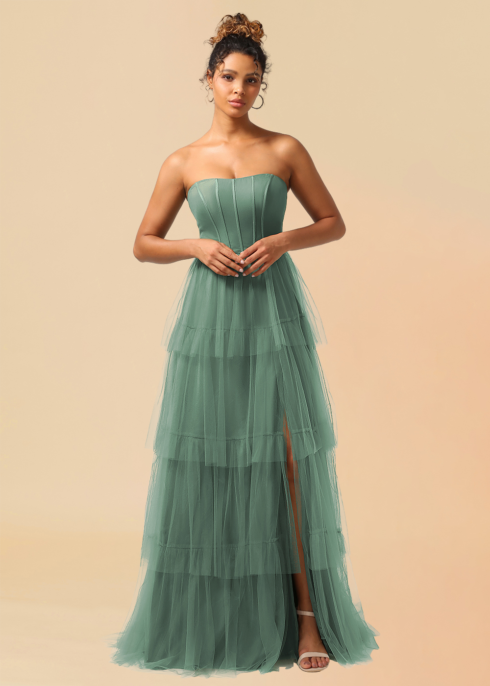 Tulle Tiered A-line Corset Convertible Floor Length Bridesmaid Dress
